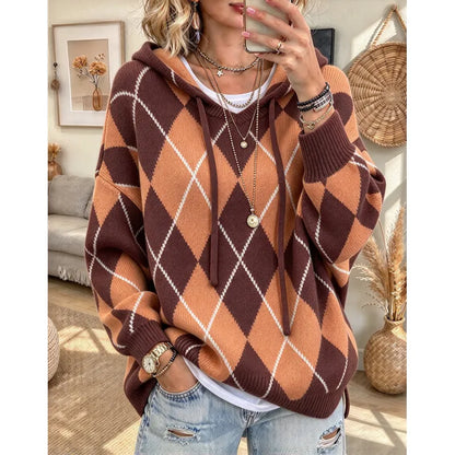 Women's Argyle Knit Hooded Jumper