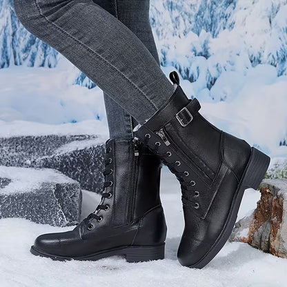 Women's Buckle Detail Lace-Up Mid-Calf Boots