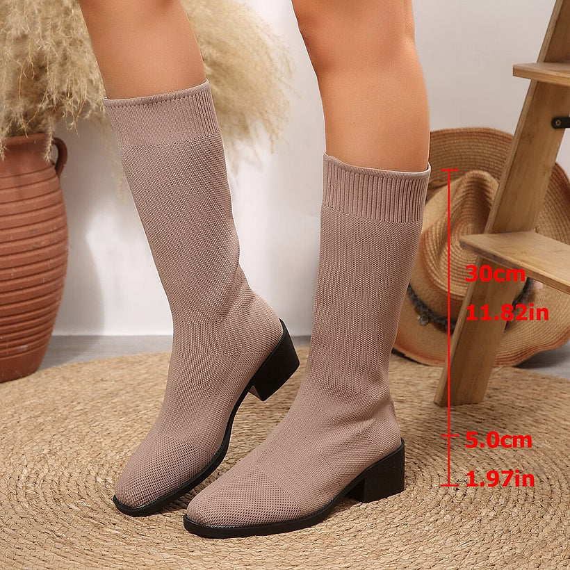 Women's Knitted Knee-High Block Heel Boots