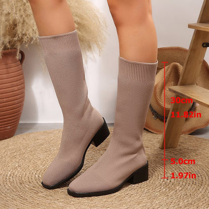 Women's Knitted Knee-High Block Heel Boots