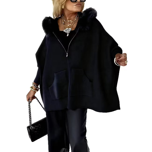 Women's Faux Fur Trim Hooded Knit Jacket