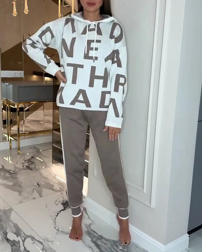 Women's Letter Print Hoodie & Trouser Set