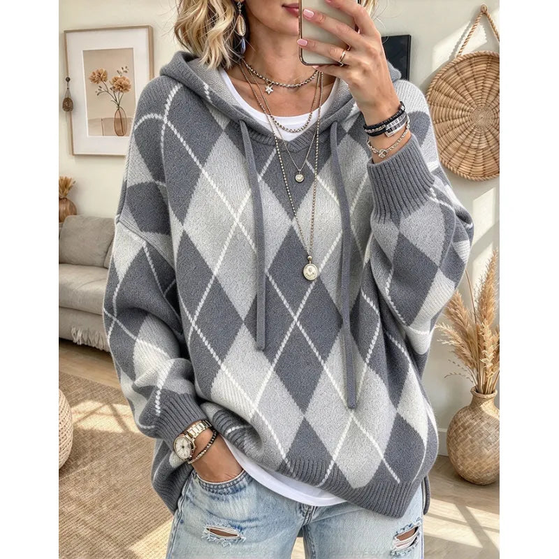 Women's Argyle Knit Hooded Jumper
