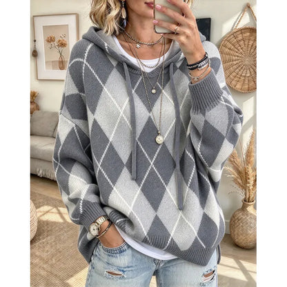Women's Argyle Knit Hooded Jumper
