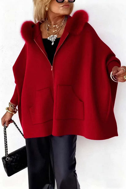 Women's Faux Fur Trim Hooded Knit Jacket