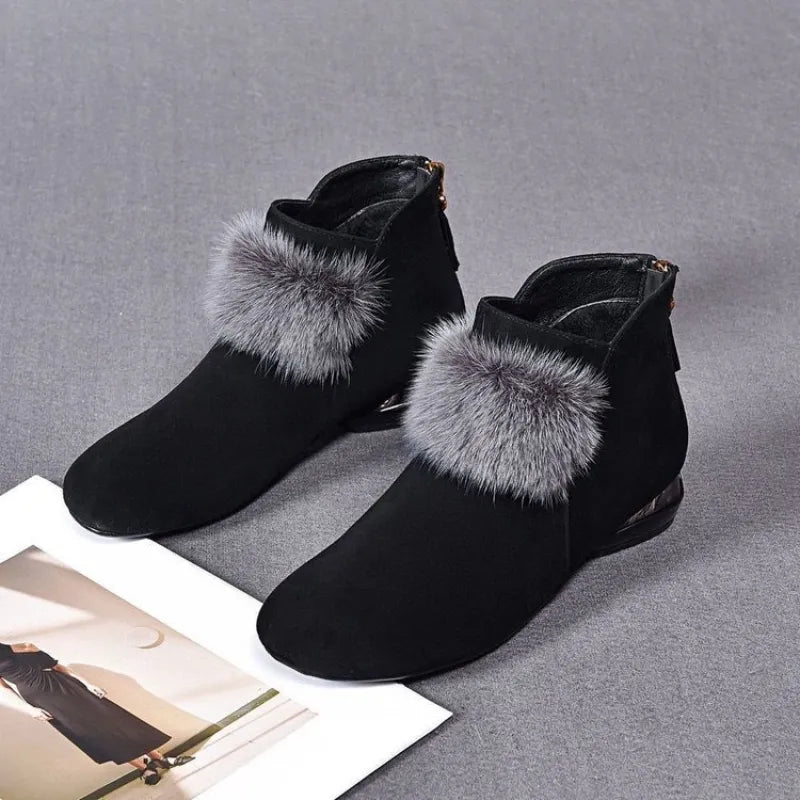Women's Faux Fur Trim Low Heel Ankle Boots