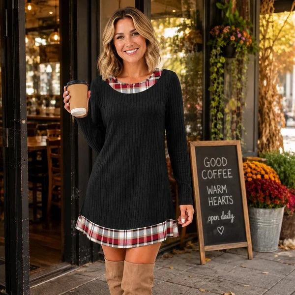 Women's Elegant Ribbed Knit Plaid Trim Dress