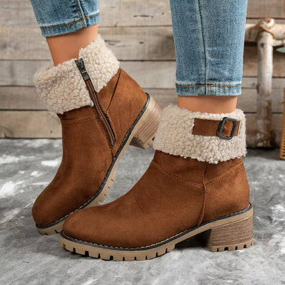 Women's Plush Cuff Block Heel Ankle Boots