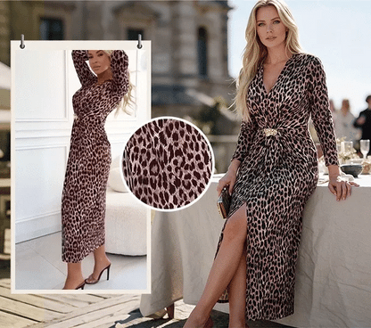 Women's Leopard Print V-Neck Midi Dress