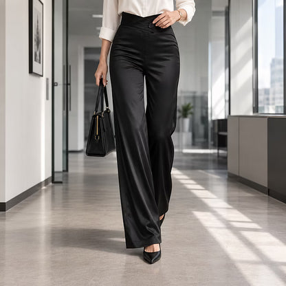 Women's Asymmetric Waist Satin-Look Wide-Leg Trousers