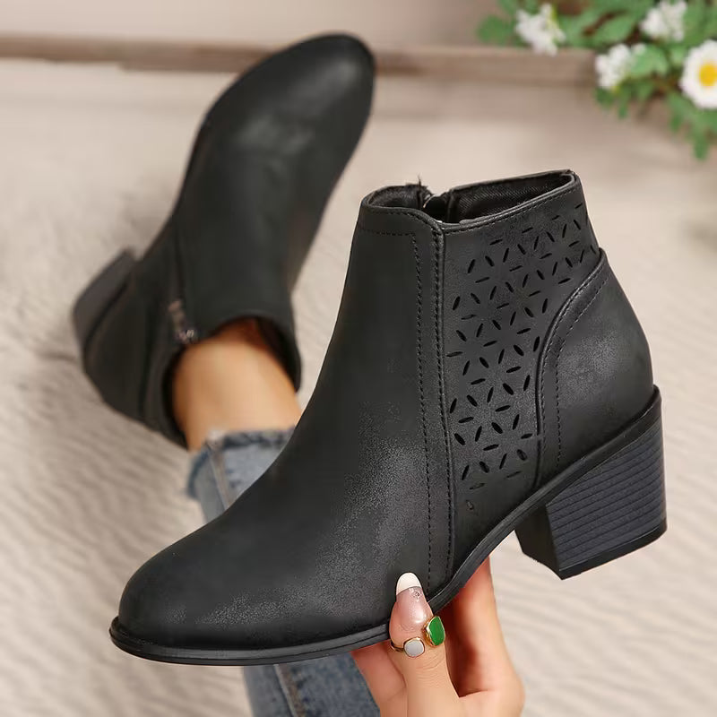 Women's Cut-Out Chunky Heel Ankle Boots