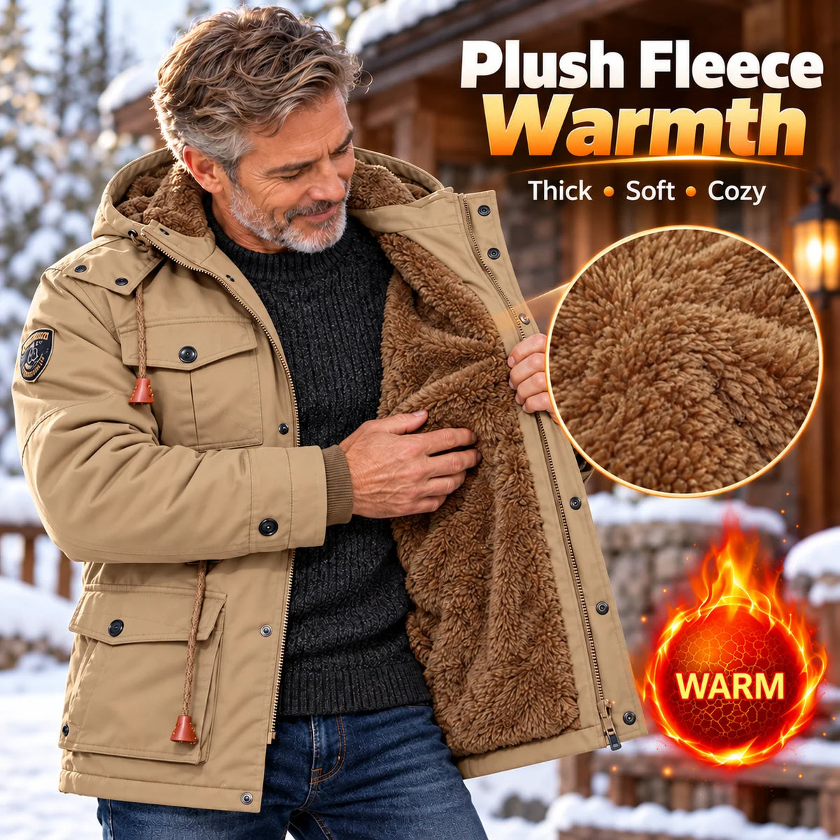 Men's Thick Fleece-Lined Hooded Winter Jacket