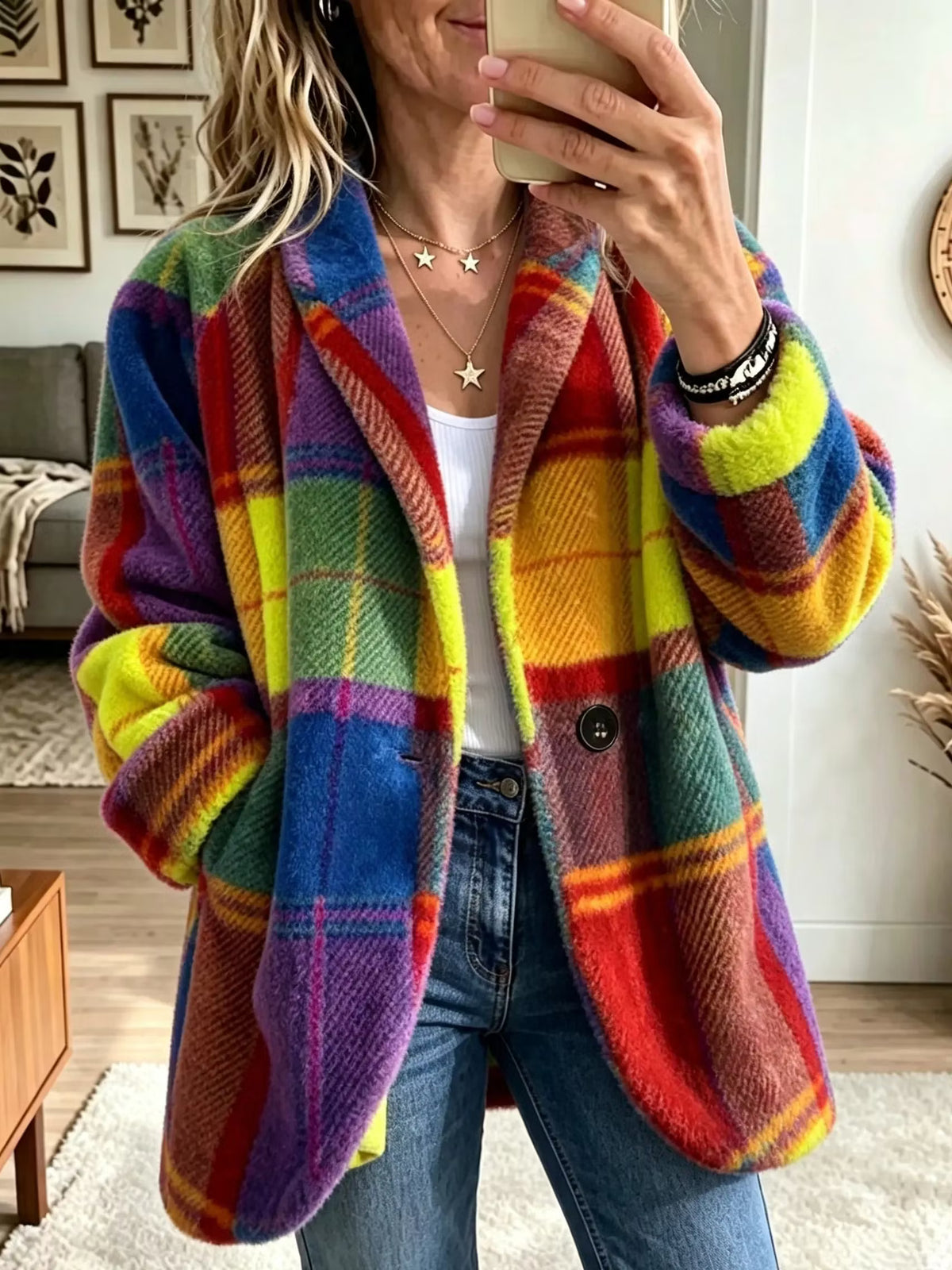 Women's Colourful Plaid Fleece Coat