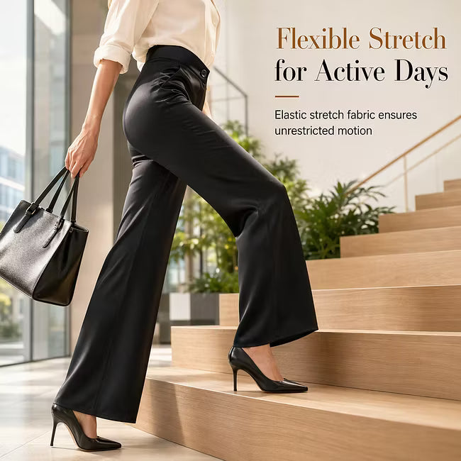 Women's Asymmetric Waist Satin-Look Wide-Leg Trousers