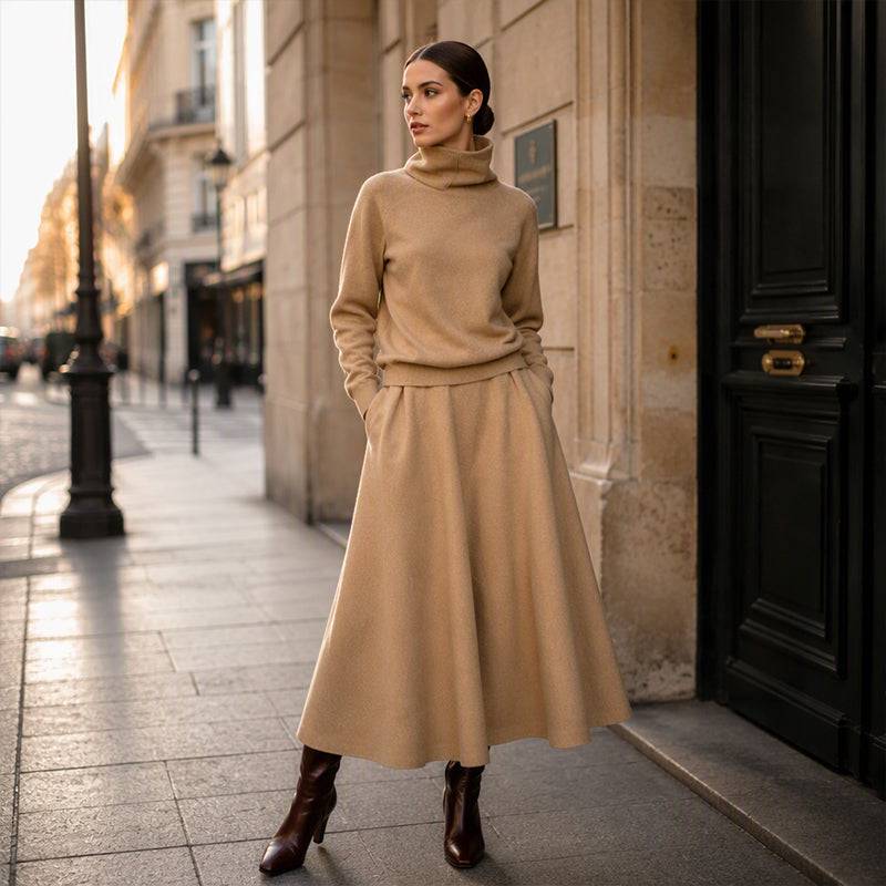 Women's Roll Neck Fleece Top & Maxi Skirt Set