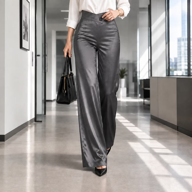 Women's Asymmetric Waist Satin-Look Wide-Leg Trousers