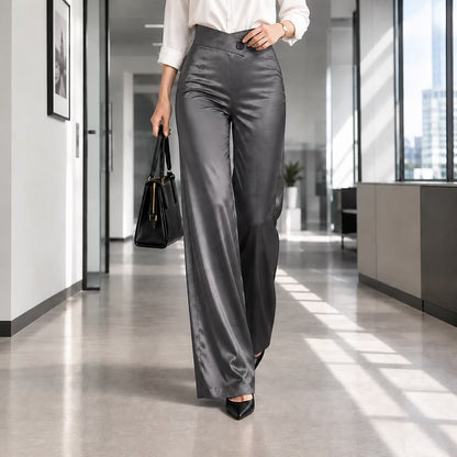 Women's Asymmetric Waist Satin-Look Wide-Leg Trousers