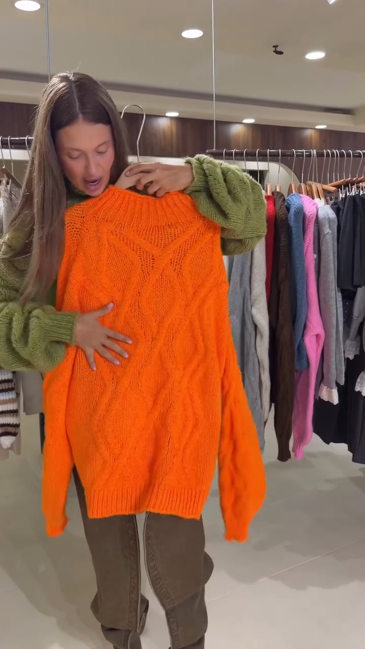 Women's Fluffy Cable Knit Roll Neck Jumper