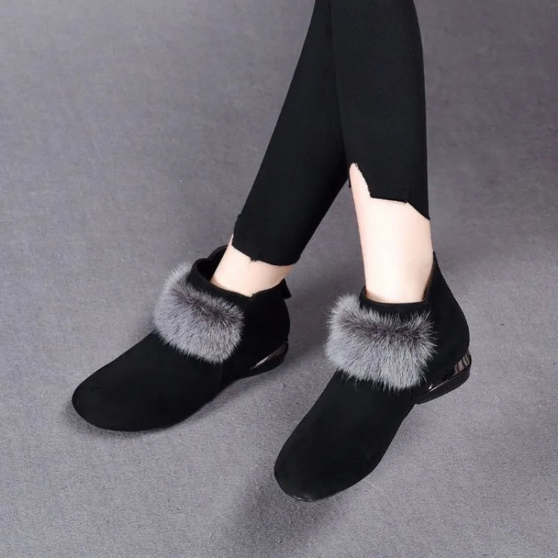 Women's Faux Fur Trim Low Heel Ankle Boots