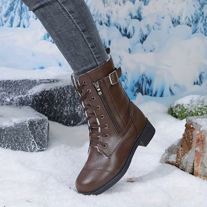 Women's Buckle Detail Lace-Up Mid-Calf Boots