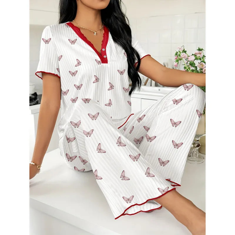 Women's Delicate Butterfly Print Ribbed Pyjama Set