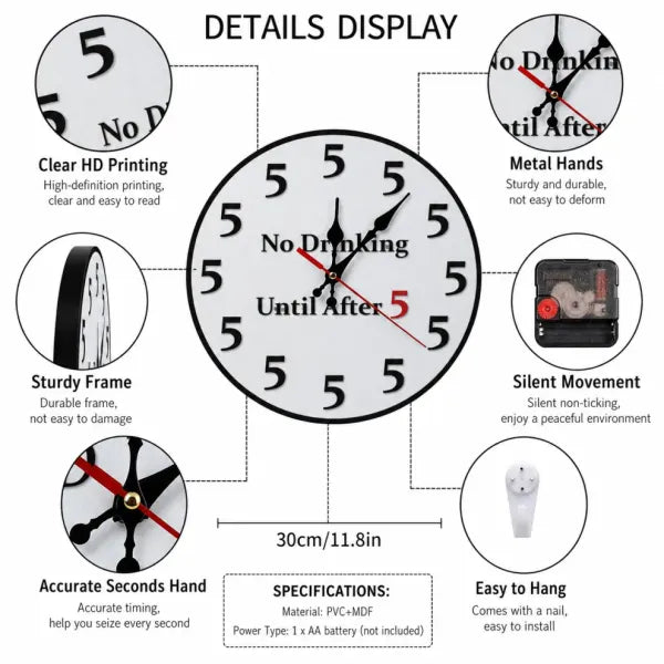 “No Drinking Until After 5” Happy Hour Wall Clock