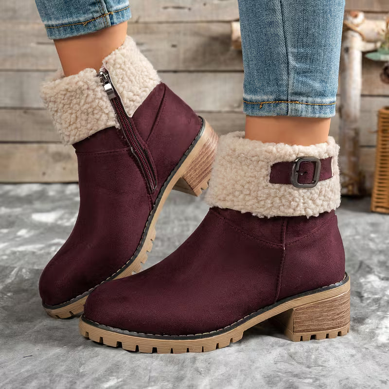 Women's Plush Cuff Block Heel Ankle Boots
