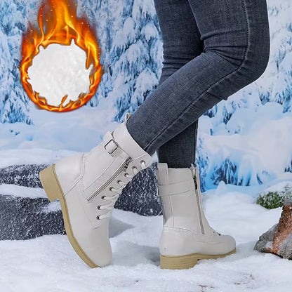 Women's Buckle Detail Lace-Up Mid-Calf Boots