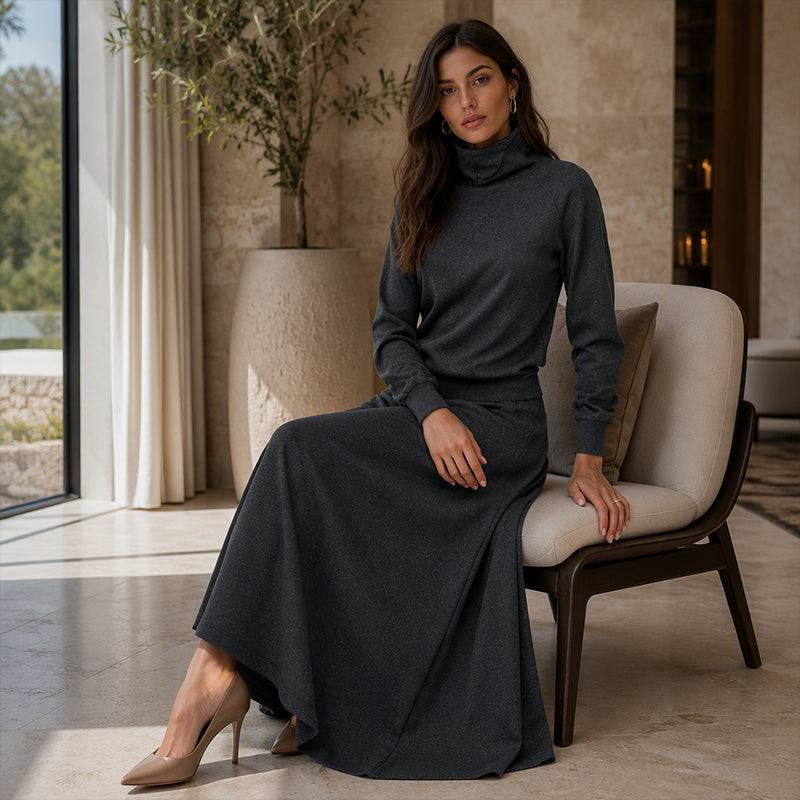 Women's Roll Neck Fleece Top & Maxi Skirt Set
