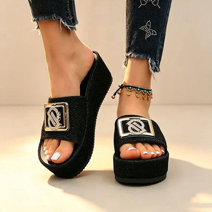 Women's Sparkle Buckle Platform Slides