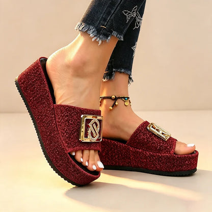 Women's Sparkle Buckle Platform Slides