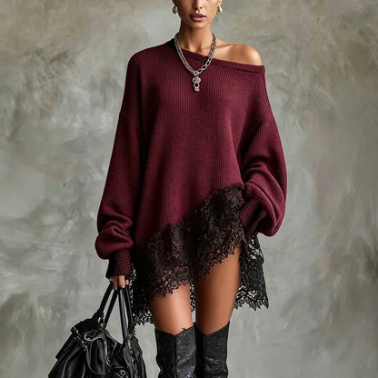 Women's Chic Off-Shoulder Lace Trim Jumper Dress