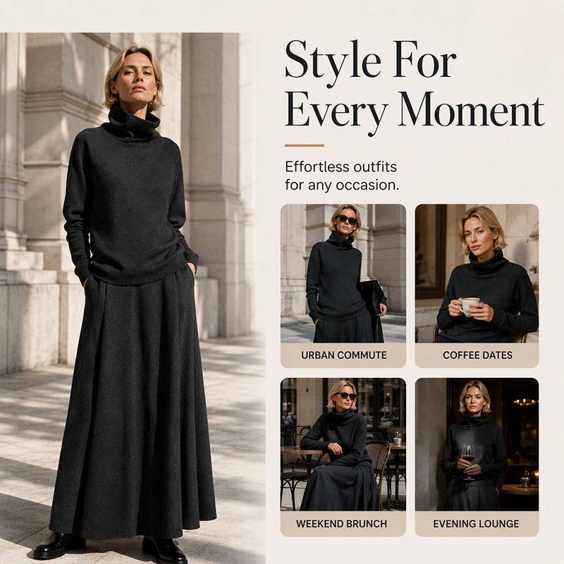 Women's Roll Neck Fleece Top & Maxi Skirt Set