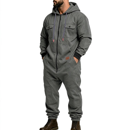 Men's Full-Zip Hooded Cargo Jumpsuit