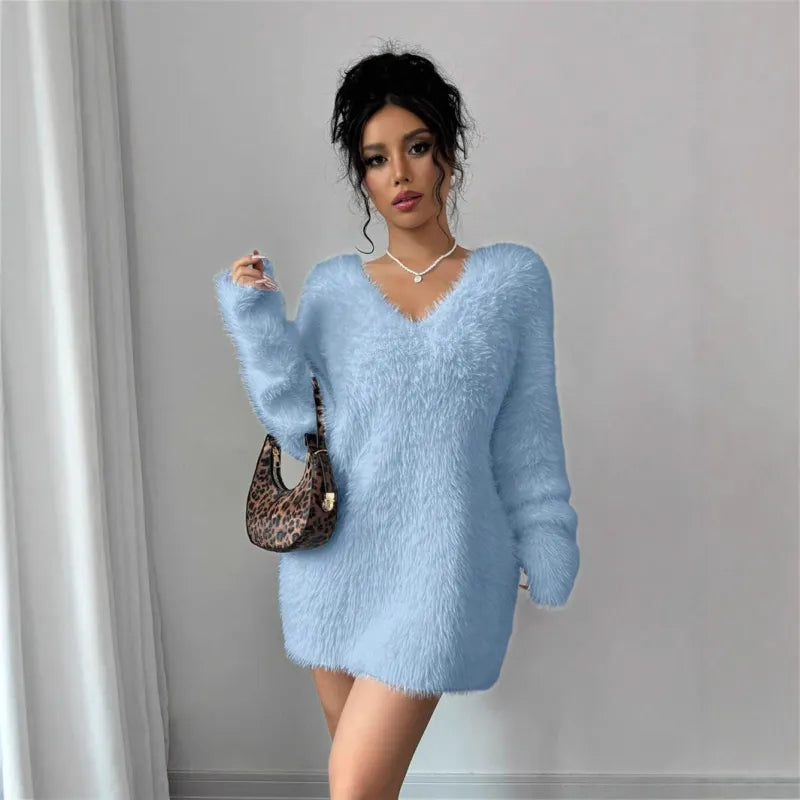 Women's Fluffy V-Neck Mini Jumper Dress