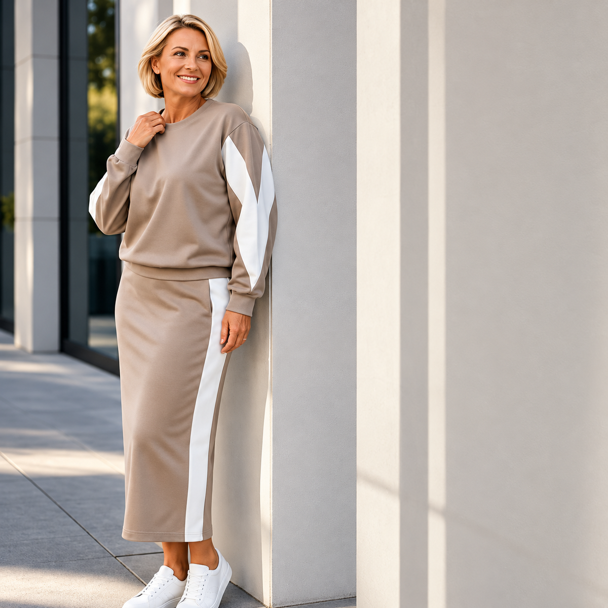Women's Contrast Panel Sweatshirt & Midi Skirt Set
