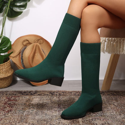 Women's Knitted Knee-High Block Heel Boots