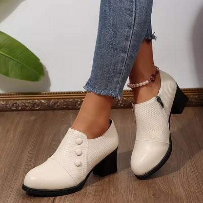 Women's Textured Button Chunky Heel Shoes
