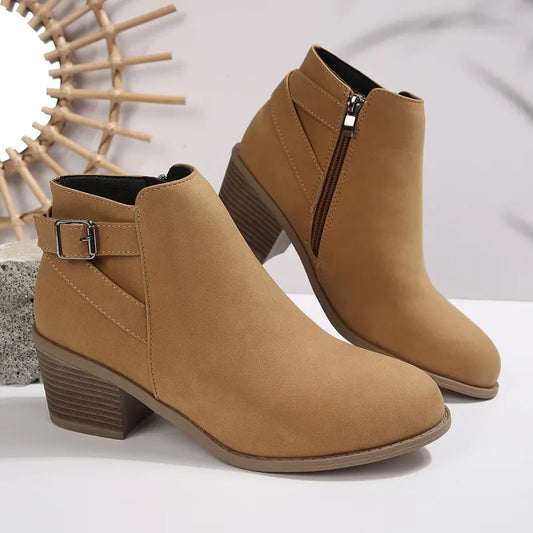 Women's Slanted Buckle Chunky Heel Ankle Boots