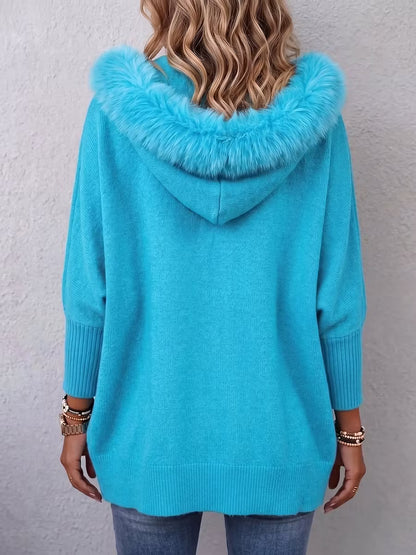 Women's Faux Fur Trim Hooded Knit Jacket