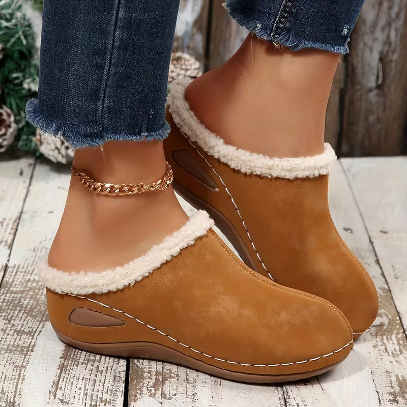 Women's Plush Trim Wedge Slippers