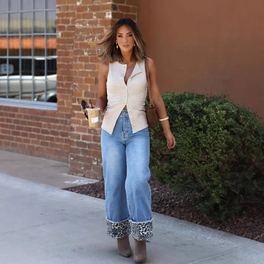 Women's Stylish Wide-Leg Jeans with Leopard Print Turn-Up Cuffs