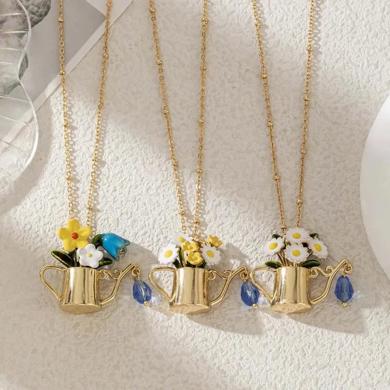 Women's Floral Watering Can Pendant Necklace