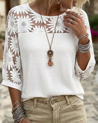 Women's Lace Panel Waffle Knit Top