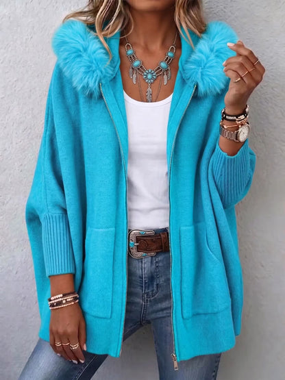 Women's Faux Fur Trim Hooded Knit Jacket