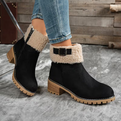 Women's Plush Cuff Block Heel Ankle Boots