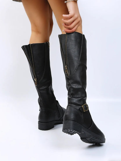 Women’s Winter Low-Heel Leather-Look Support Knee Boots