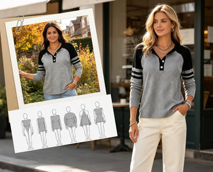 Women's Raglan Sleeve Button Neck Knit Jumper
