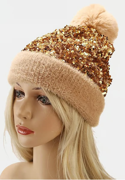 Women's Sequin Pom Pom Beanie