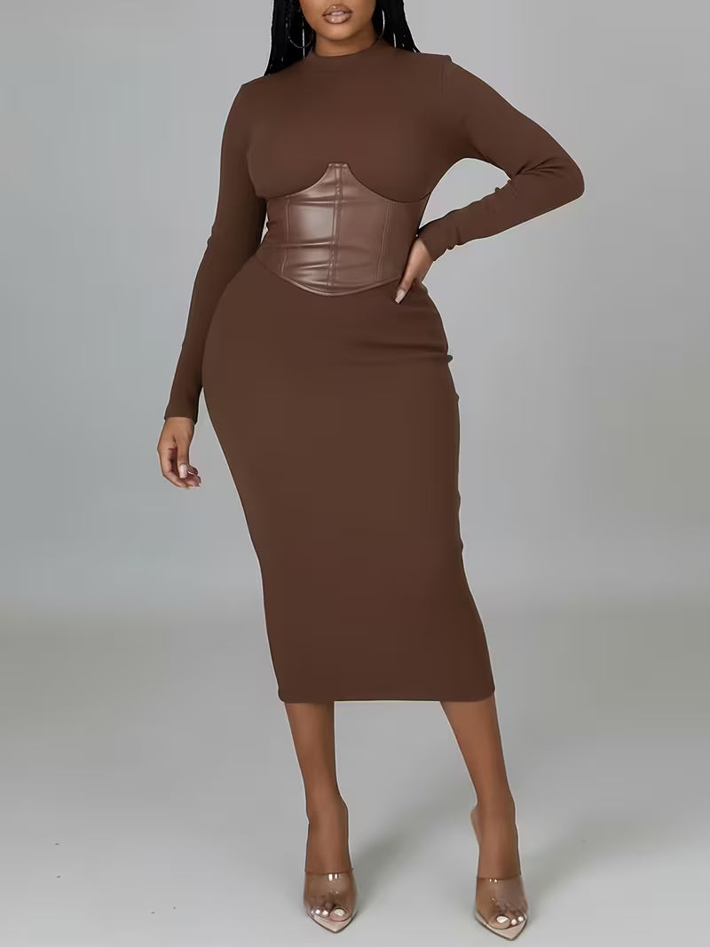 Women's Ribbed Corset-Detail Midi Dress